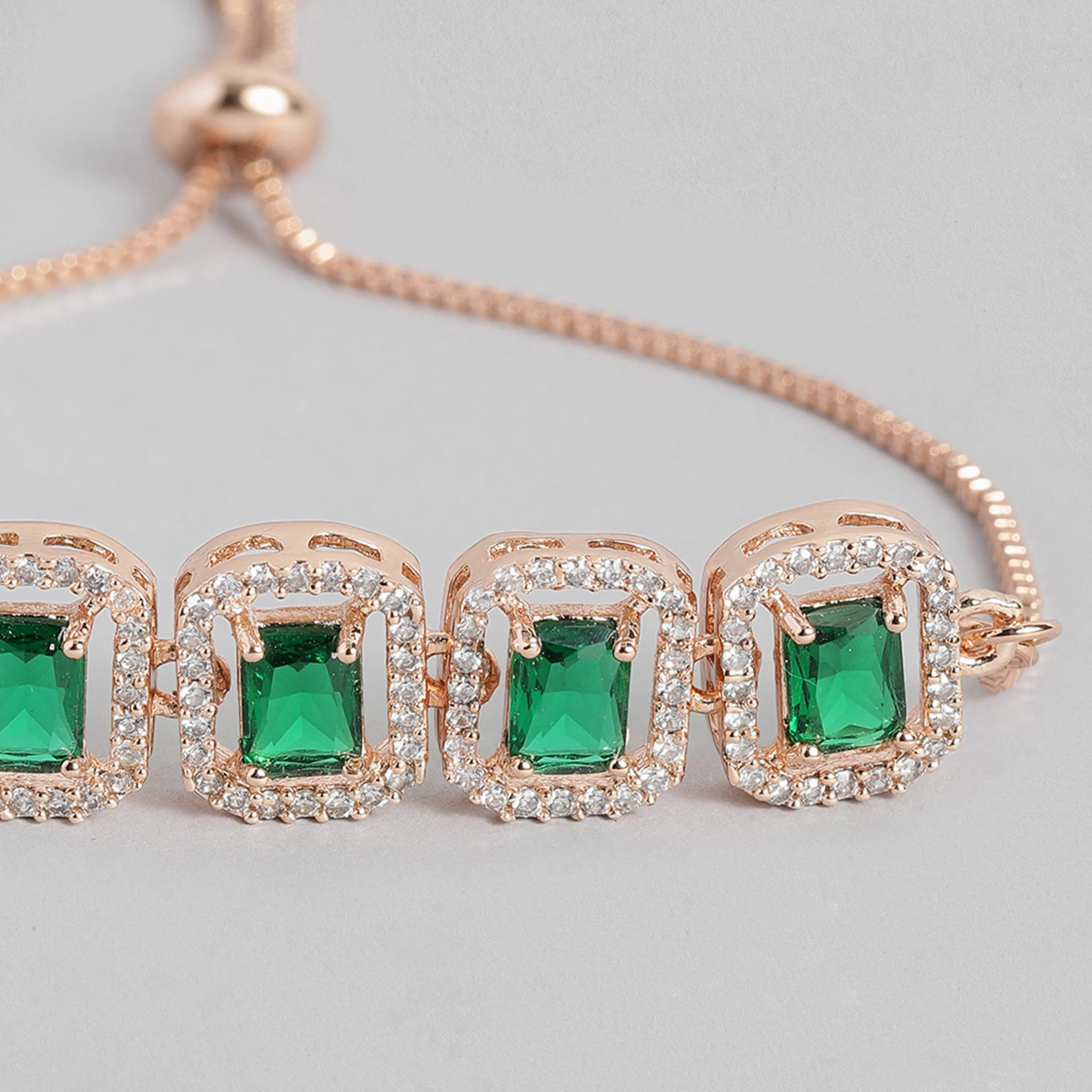Estele Rose Gold Plated CZ Ossum Octagon Bracelet with Green Crystals for Women