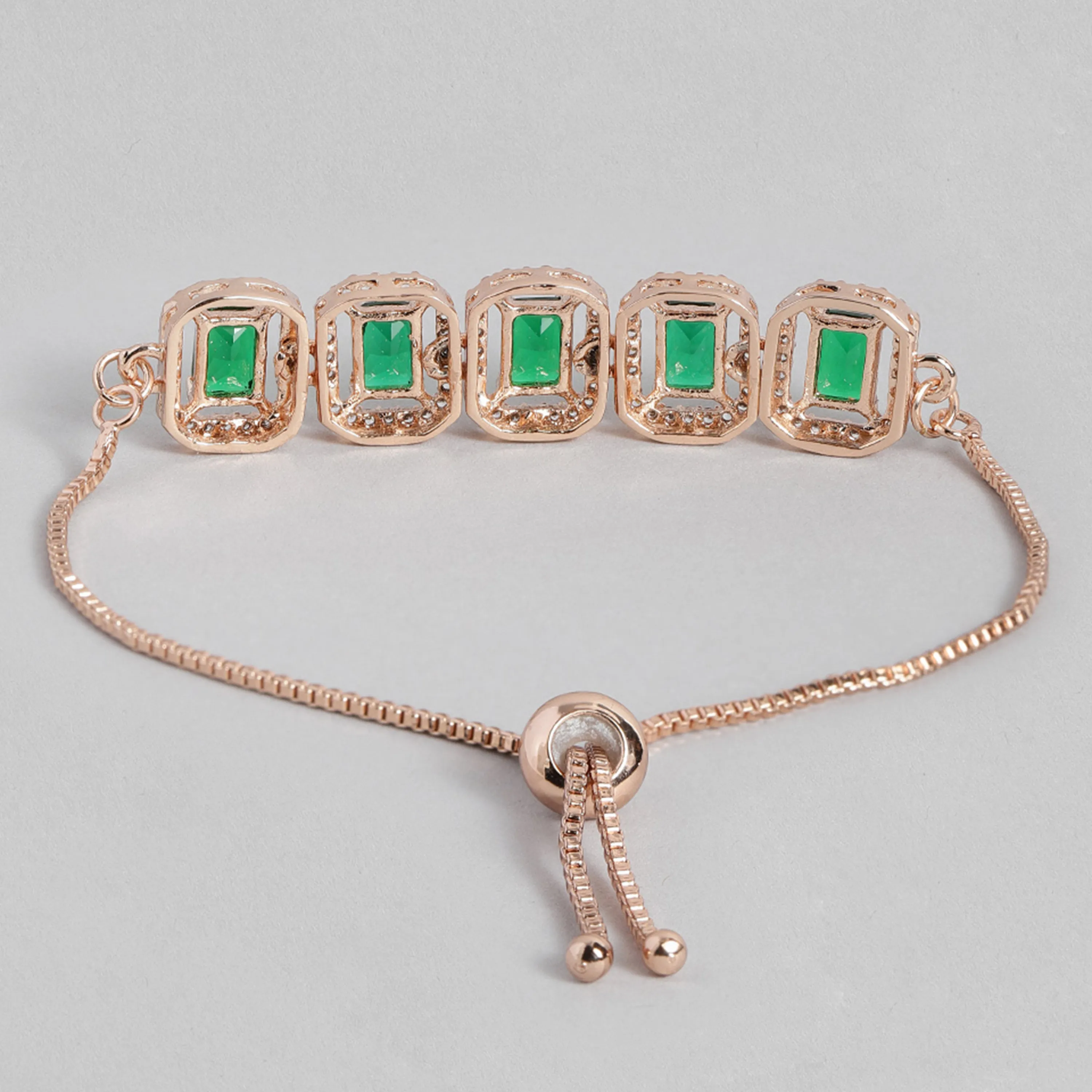 Estele Rose Gold Plated CZ Ossum Octagon Bracelet with Green Crystals for Women