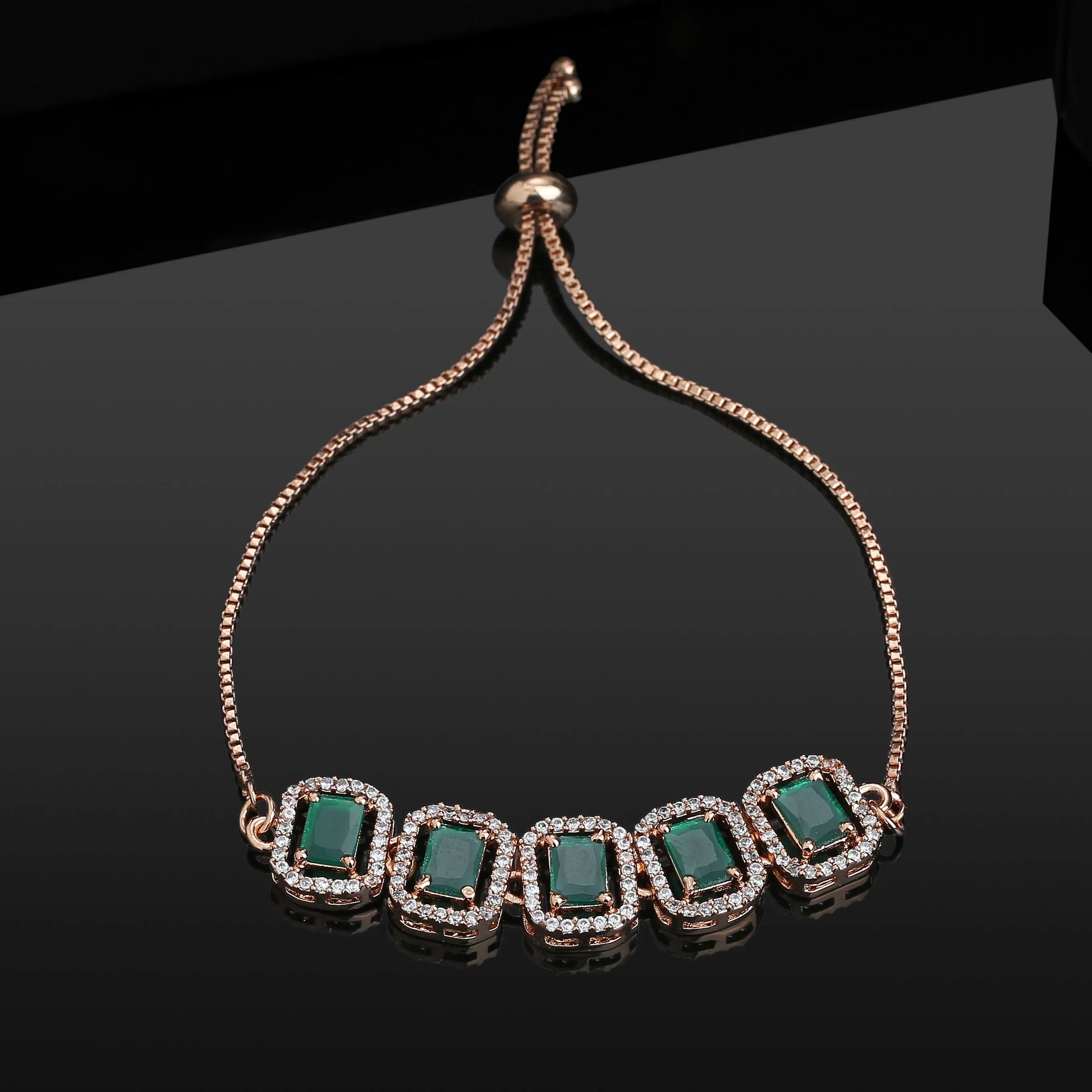 Estele Rose Gold Plated CZ Ossum Octagon Bracelet with Green Crystals for Women