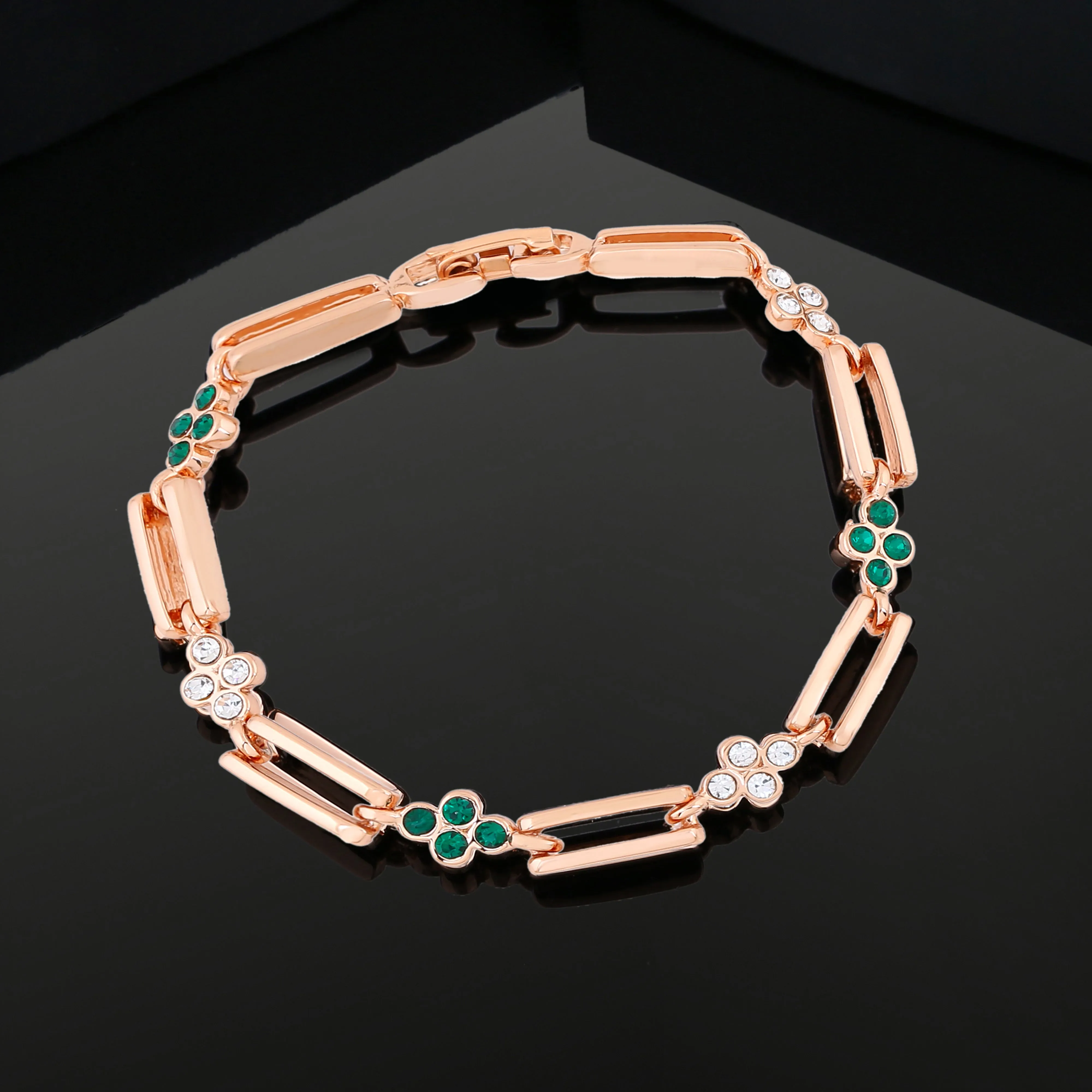 Estele Rose Gold Plated Flower Designer Link Bracelet with Crystals for Women