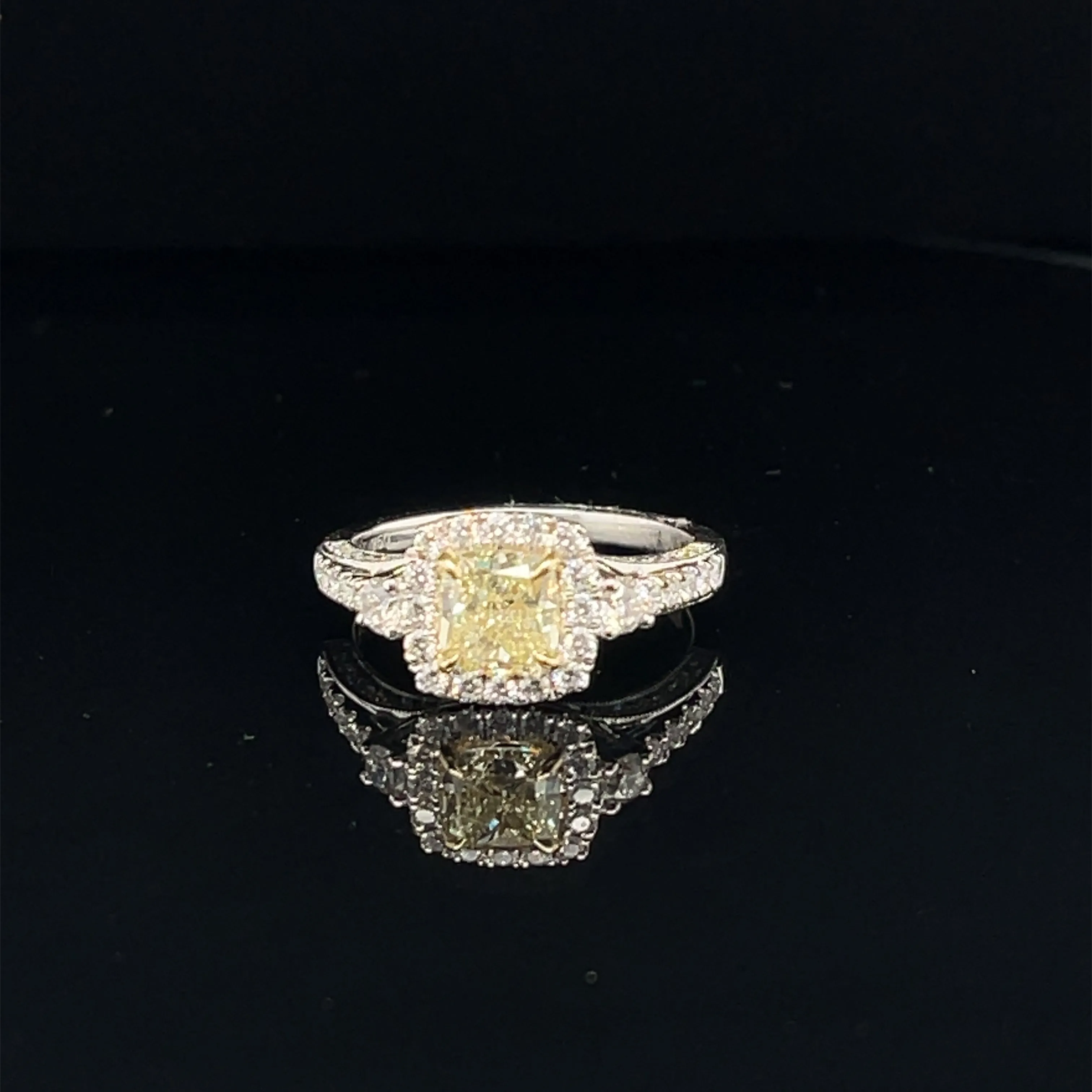 Fancy Yellow & White Diamond Cushion Halo Ring in 18k Two Tone Gold - (#118-JR1334GH)