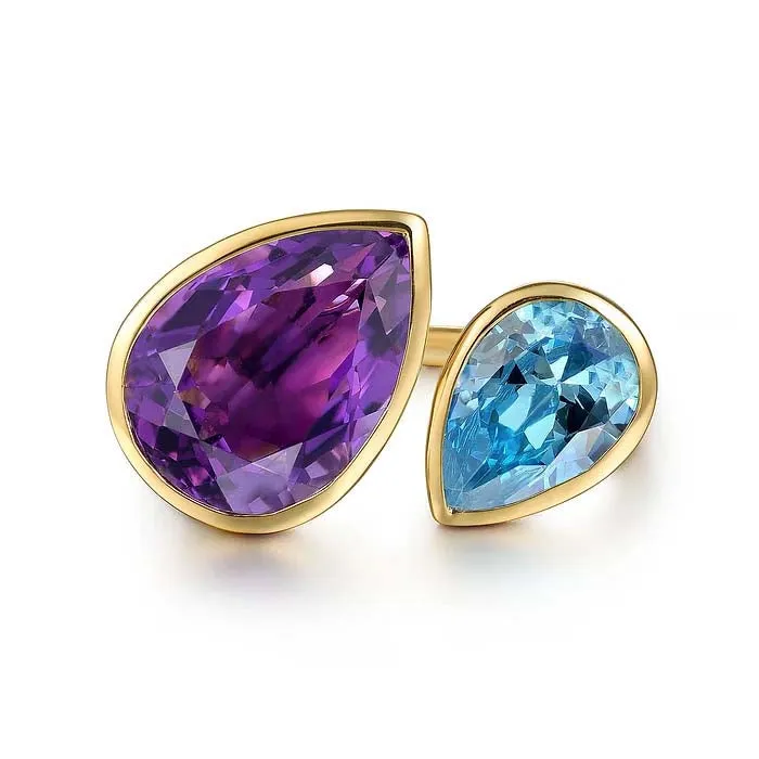 Gabriel & Co. Toi et Moi Amethyst and Swiss Blue Topaz Open Ring in 14K Yellow Gold