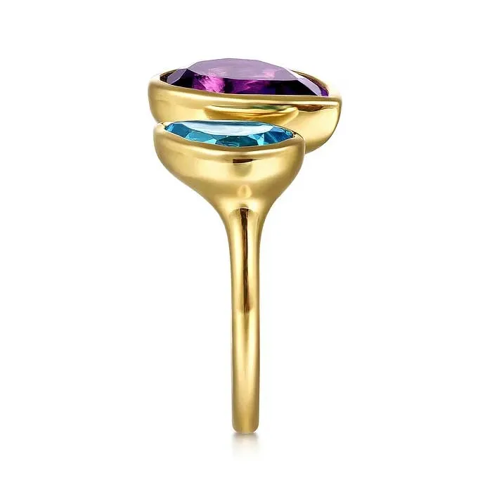Gabriel & Co. Toi et Moi Amethyst and Swiss Blue Topaz Open Ring in 14K Yellow Gold