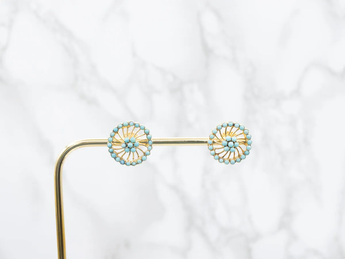 Gold Filigree and Turquoise Cabochon Stud Earrings