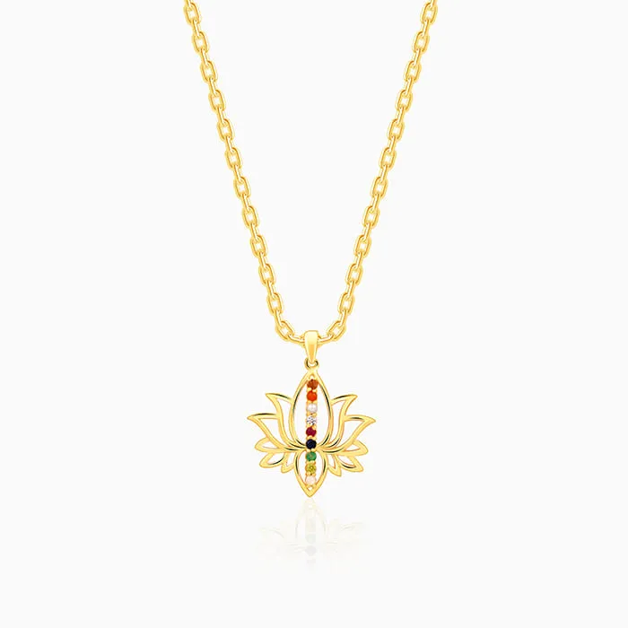 Golden Navratna Kamal Pendant With Link Chain
