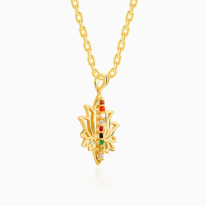 Golden Navratna Kamal Pendant With Link Chain