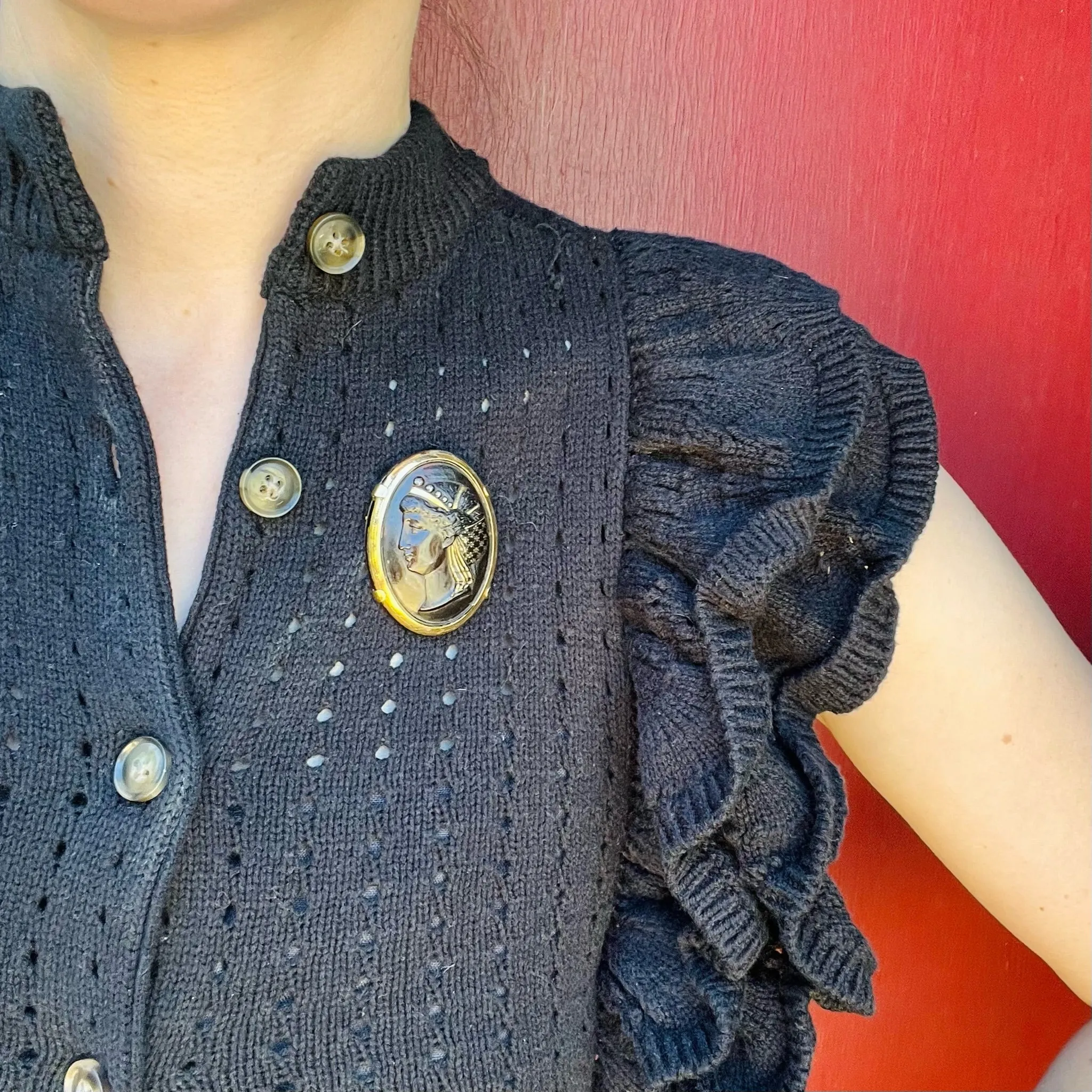 Handsome Woman with Gold Piqu?? Brooch