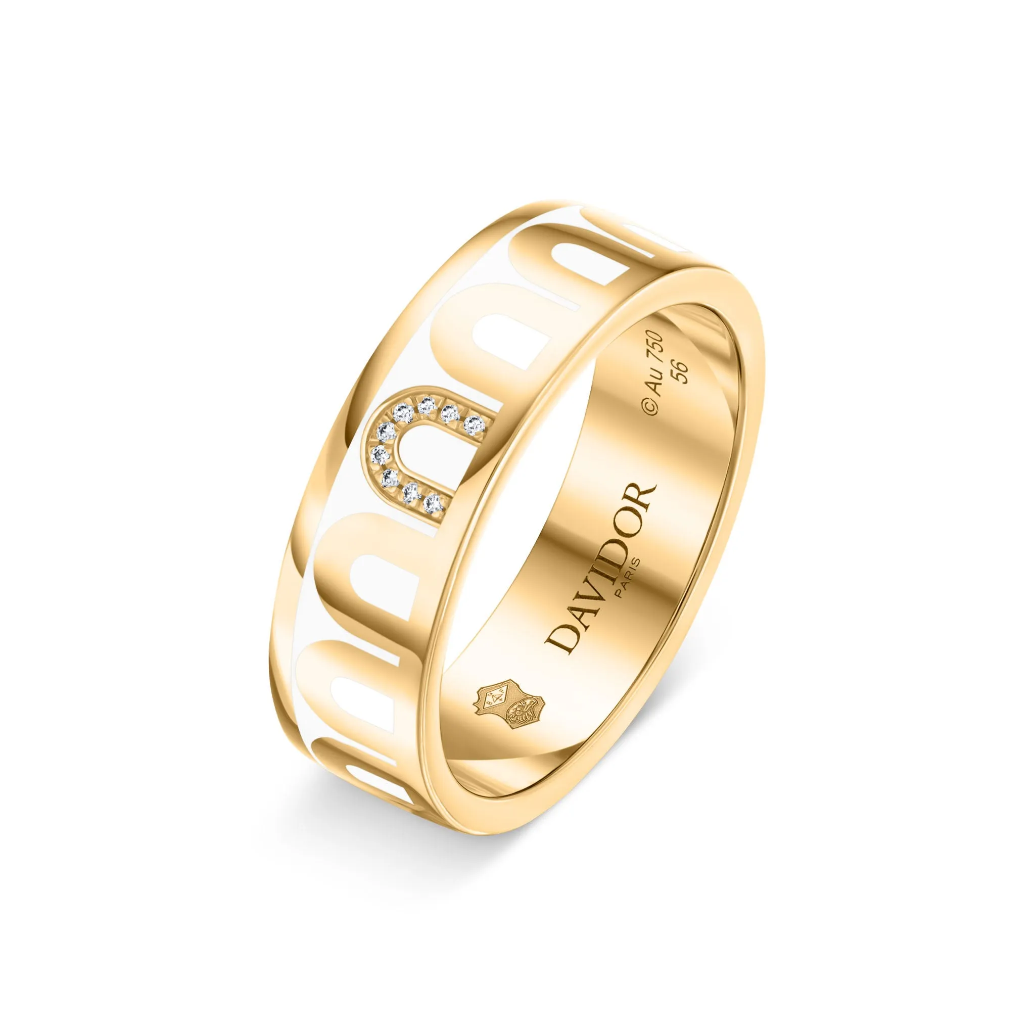 LArc de DAVIDOR Ring MM, 18k Yellow Gold with Neige Lacquered Ceramic and Porta Simple Diamonds