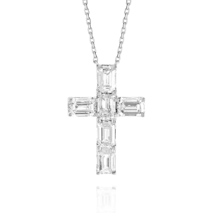 Large Emerald Cut Diamond Cross Pendant White Gold