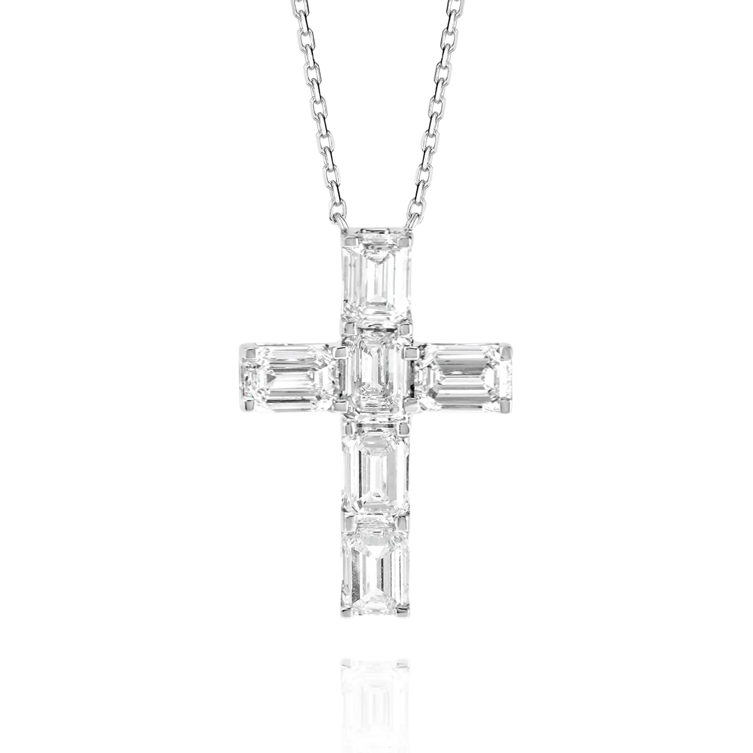 Large Emerald Cut Diamond Cross Pendant White Gold