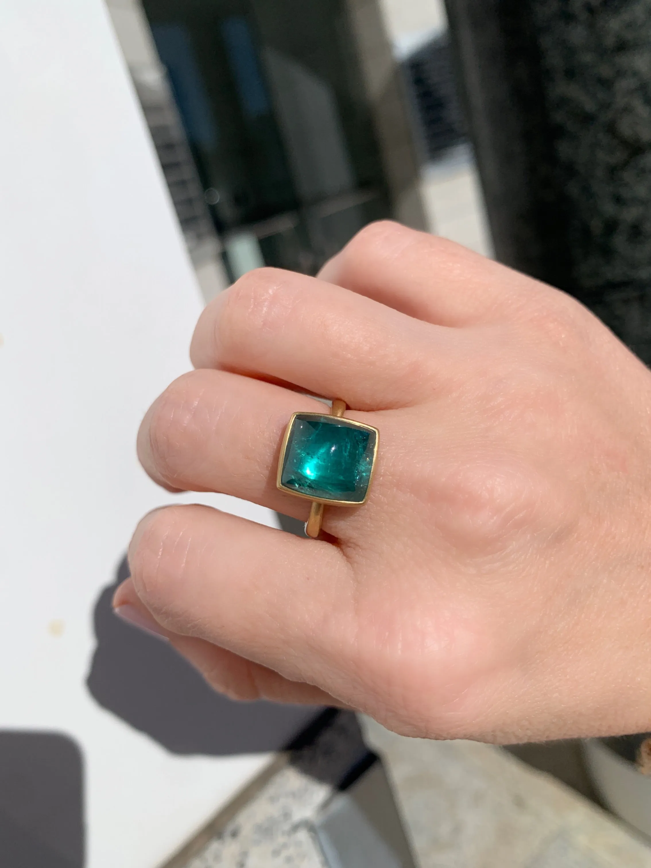 Lola Brooks Indicolite Green Blue Tourmaline Cushion Gold Ring