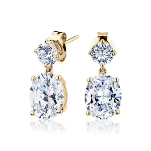 Oval and Round Brilliant drop earrings with 6 carats* of diamond simulants in 10 carat yellow gold
