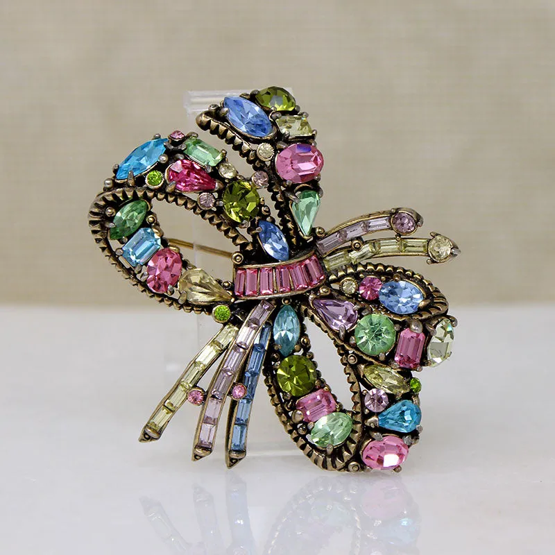 Pastel Rhinestone Hollycraft Bow Brooch