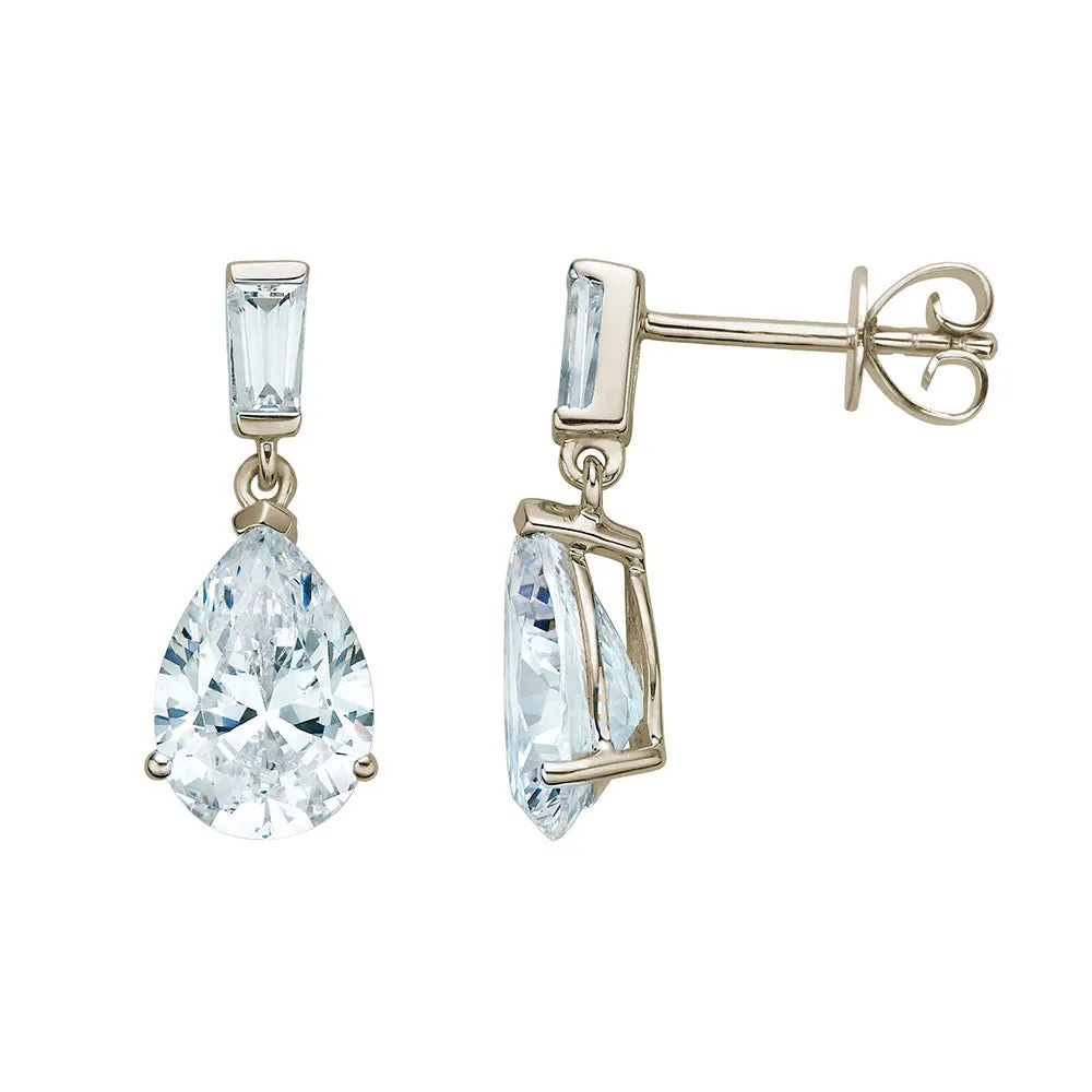 Pear and Baguette drop earrings with 3.9 carats* of diamond simulants in 10 carat yellow gold