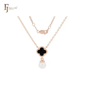 Pearl with Clover of white or Black Rose Gold Fashion Necklace