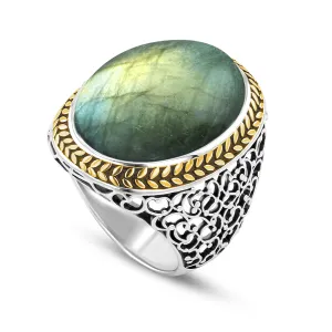 Ring in 925 Silver plated Silver and 18k Yellow Gold assembled with Labradorite