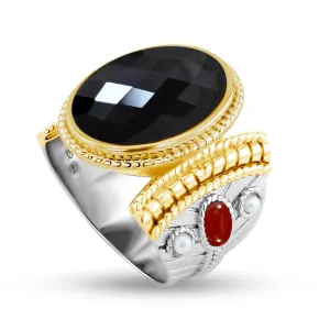 Ring in 925 Silver plated with Rhodium and 18k Yellow Gold assembled with Black Onyx, Freshwater Pearl and Red Onyx