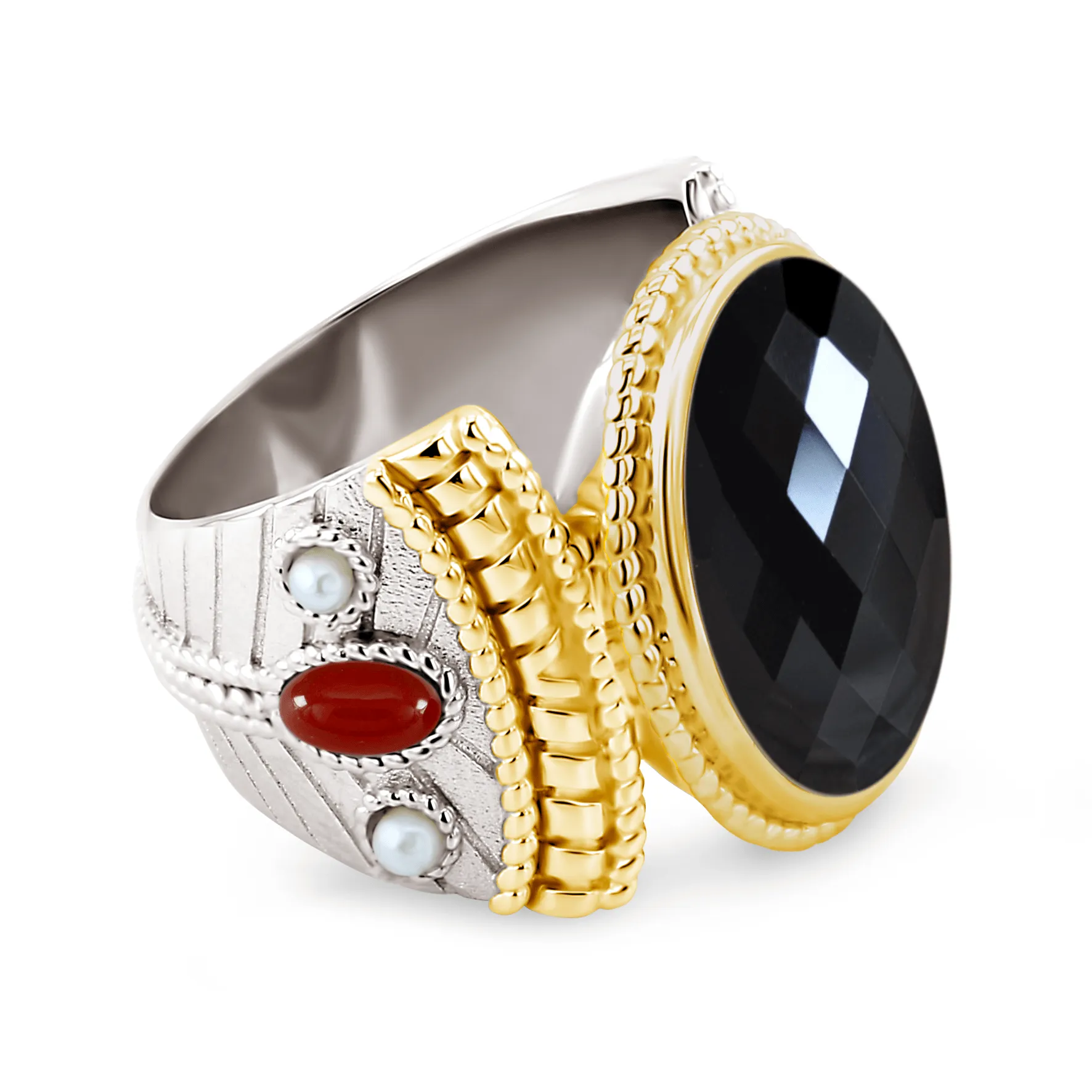 Ring in 925 Silver plated with Rhodium and 18k Yellow Gold assembled with Black Onyx, Freshwater Pearl and Red Onyx
