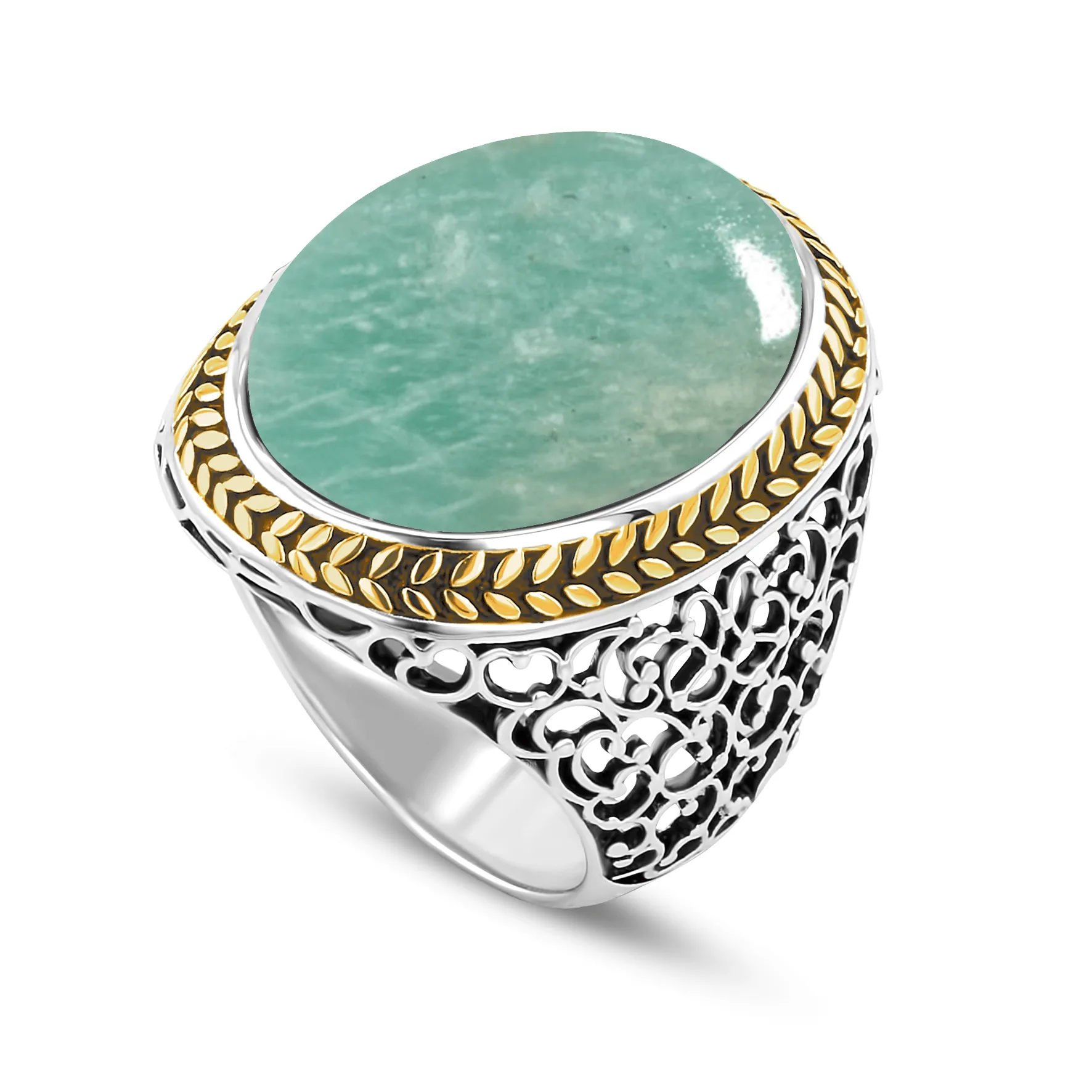 Ring in 925 Silver plated with Rhodium and 18k Yellow Gold assembled with Green Amazonite