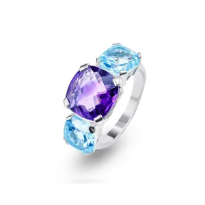 Ring in 925 Silver plated with Rhodium and assembled with Amethyst and Blue Topaz