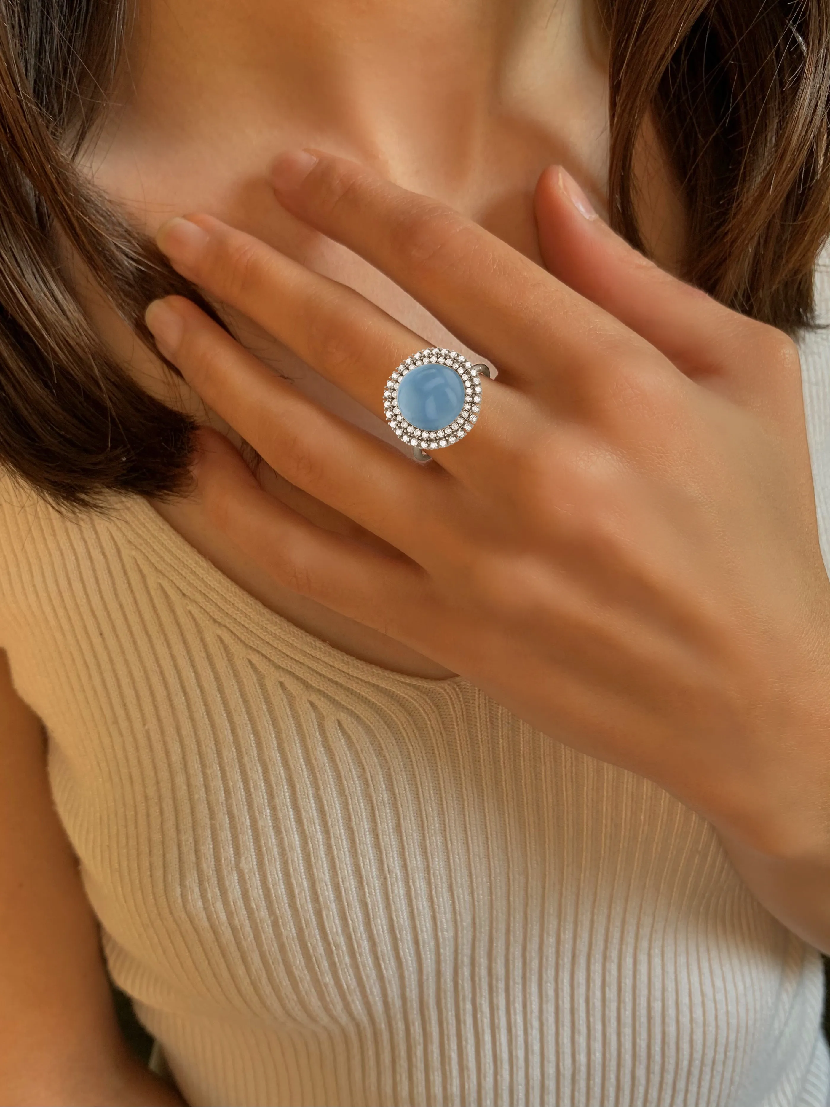 Ring in 925 Silver plated with Rhodium and assembled with Aquamarine and Zirconium Oxide