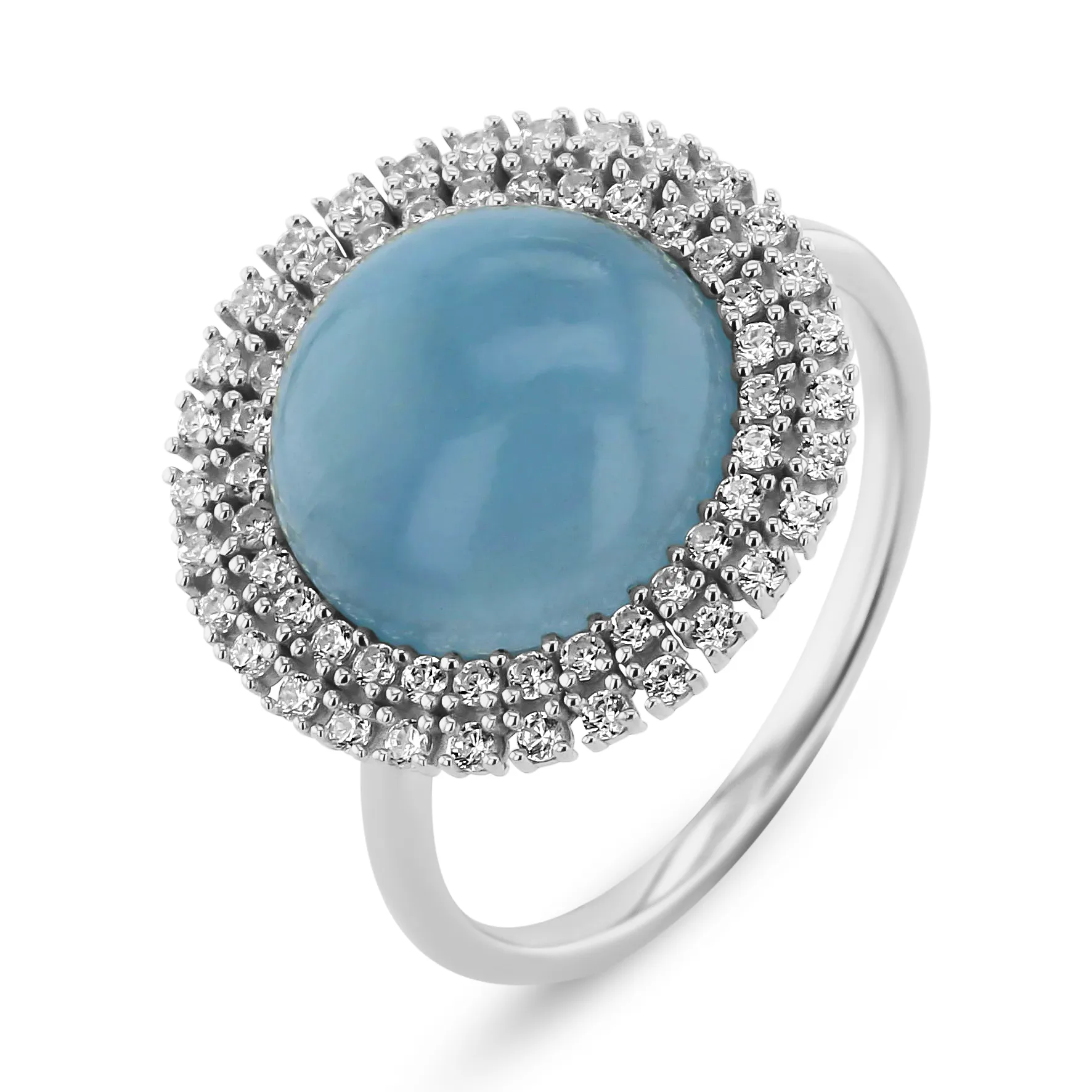 Ring in 925 Silver plated with Rhodium and assembled with Aquamarine and Zirconium Oxide