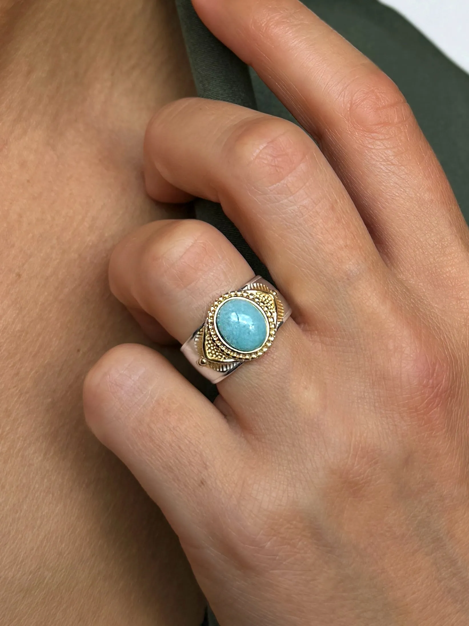 Ring in 925 Silver plated with Silver and 18k Yellow Gold assembled with Amazonite