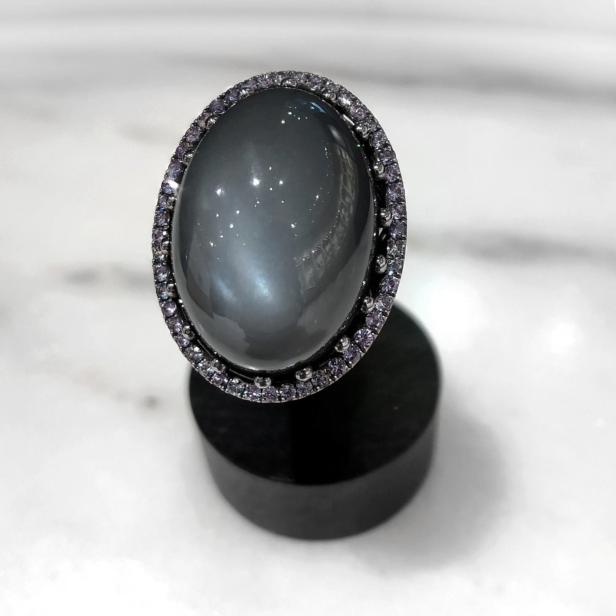 Roule and Co. One of a Kind Gray Moonstone Color-Change Garnet Black Gold Ring