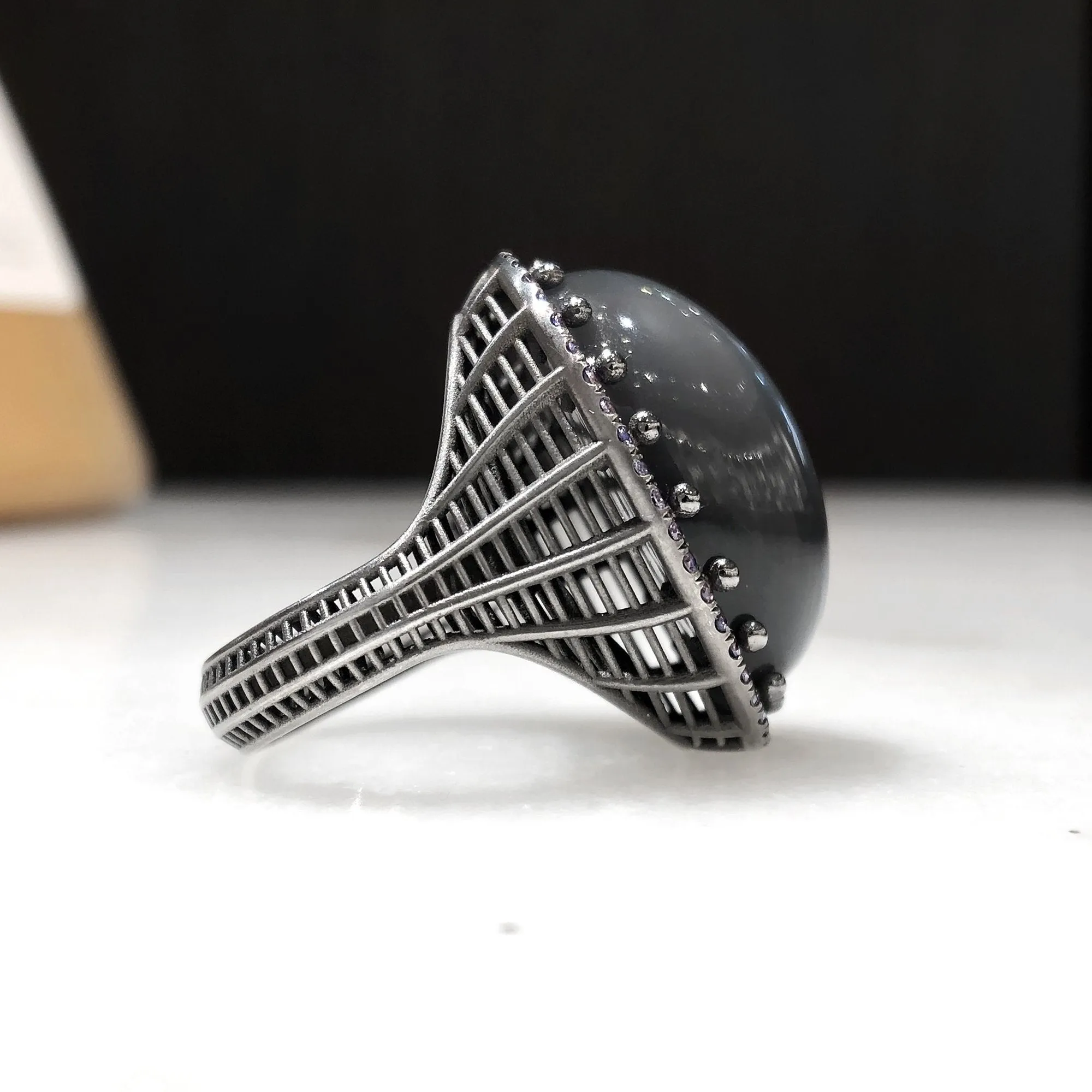 Roule and Co. One of a Kind Gray Moonstone Color-Change Garnet Black Gold Ring