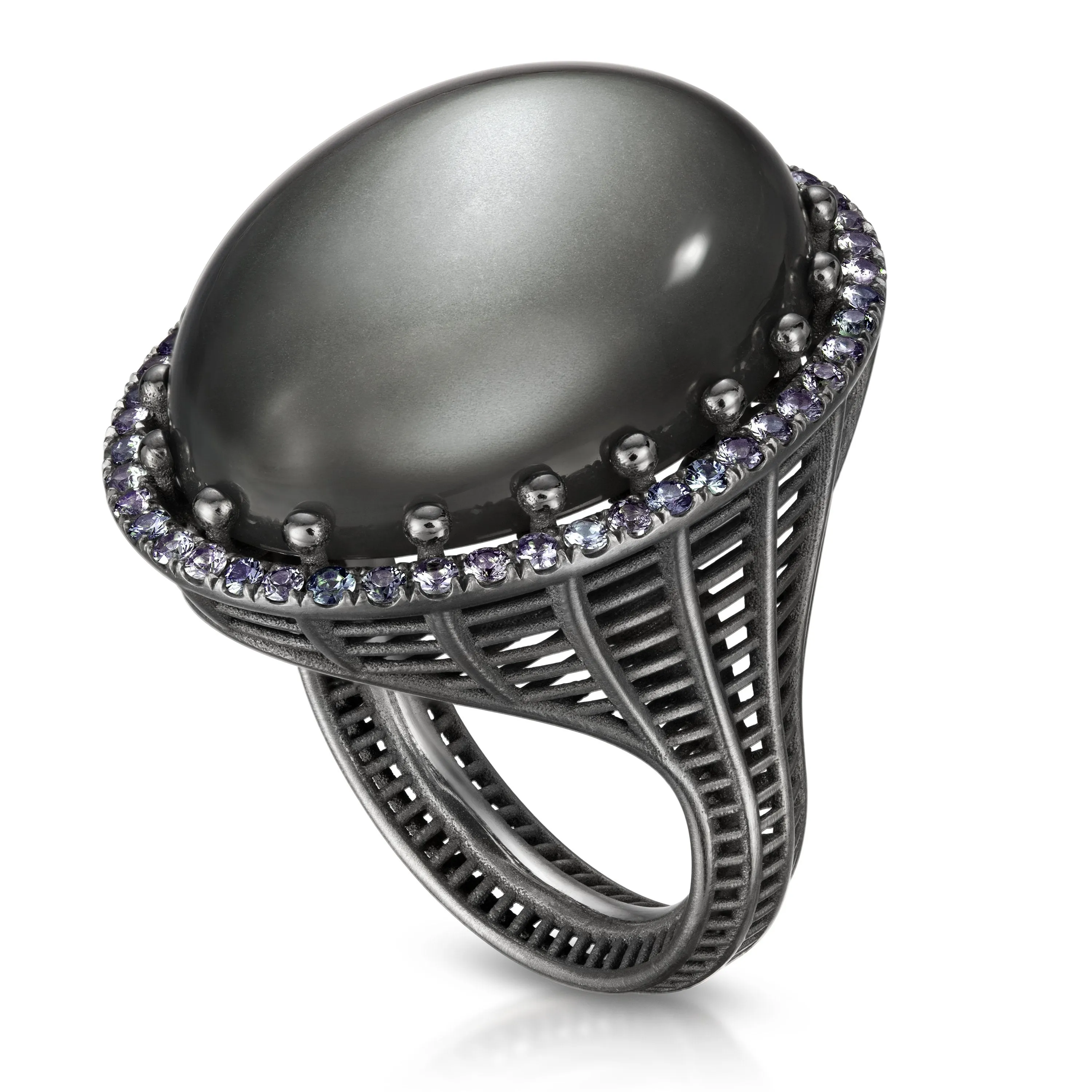 Roule and Co. One of a Kind Gray Moonstone Color-Change Garnet Black Gold Ring