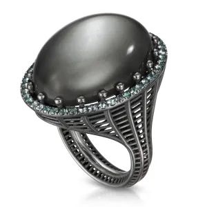 Roule and Co. One of a Kind Gray Moonstone Color-Change Garnet Black Gold Ring