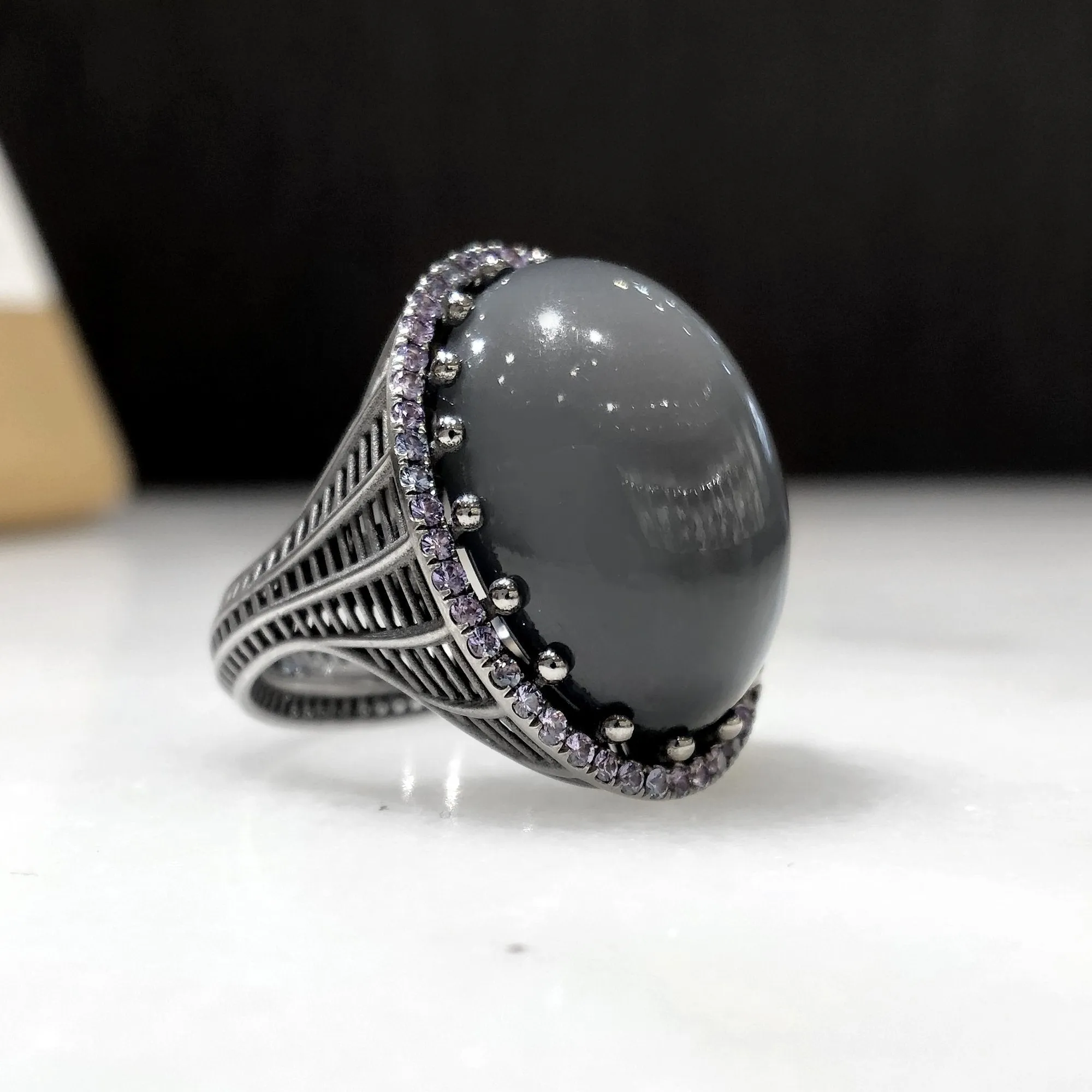 Roule and Co. One of a Kind Gray Moonstone Color-Change Garnet Black Gold Ring