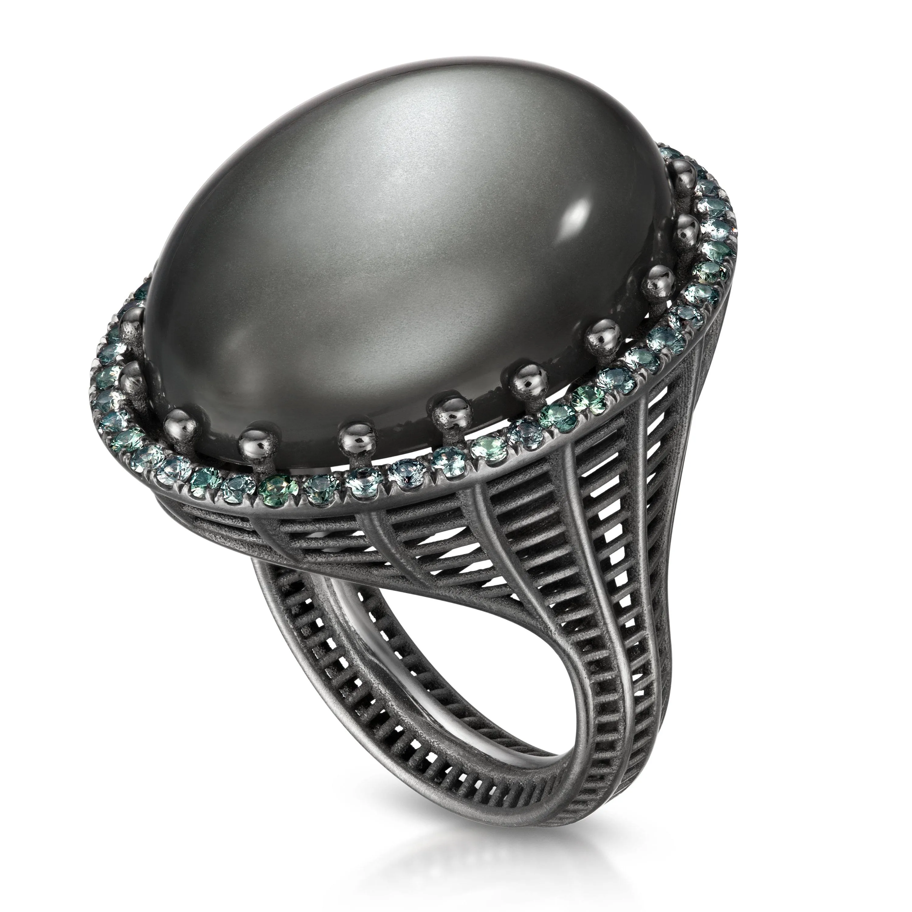 Roule and Co. One of a Kind Gray Moonstone Color-Change Garnet Black Gold Ring