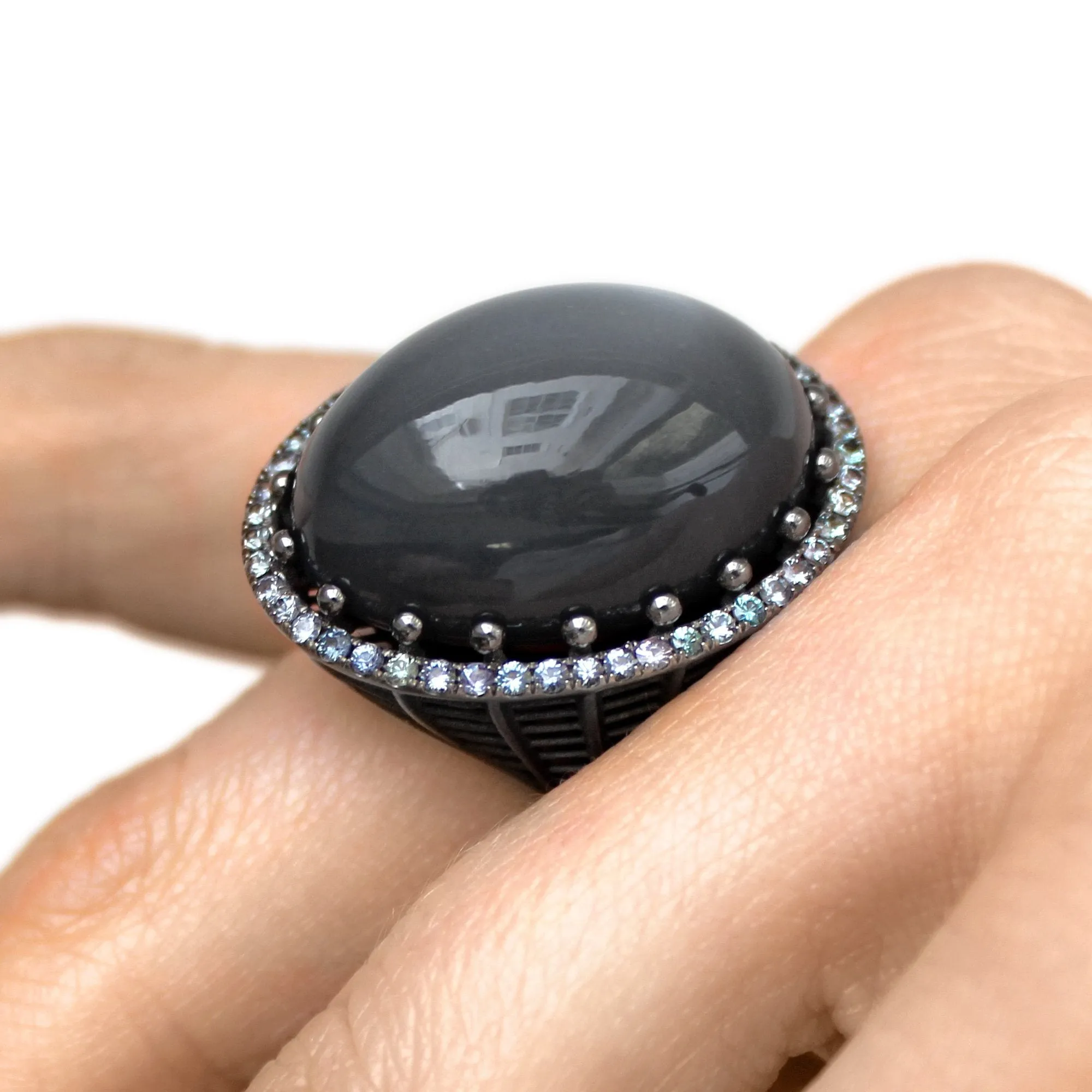 Roule and Co. One of a Kind Gray Moonstone Color-Change Garnet Black Gold Ring