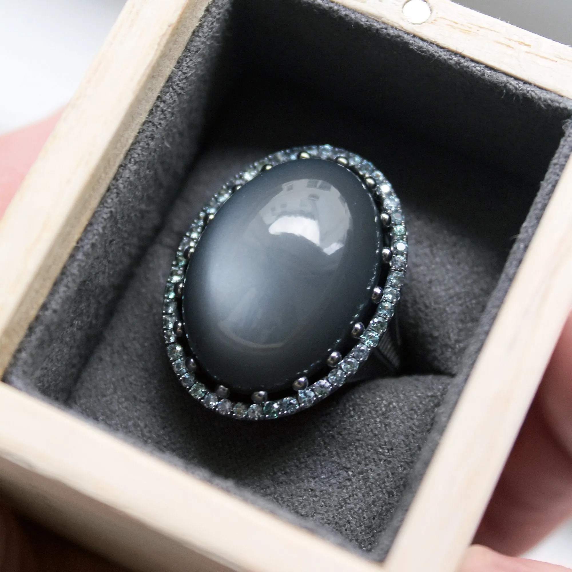 Roule and Co. One of a Kind Gray Moonstone Color-Change Garnet Black Gold Ring