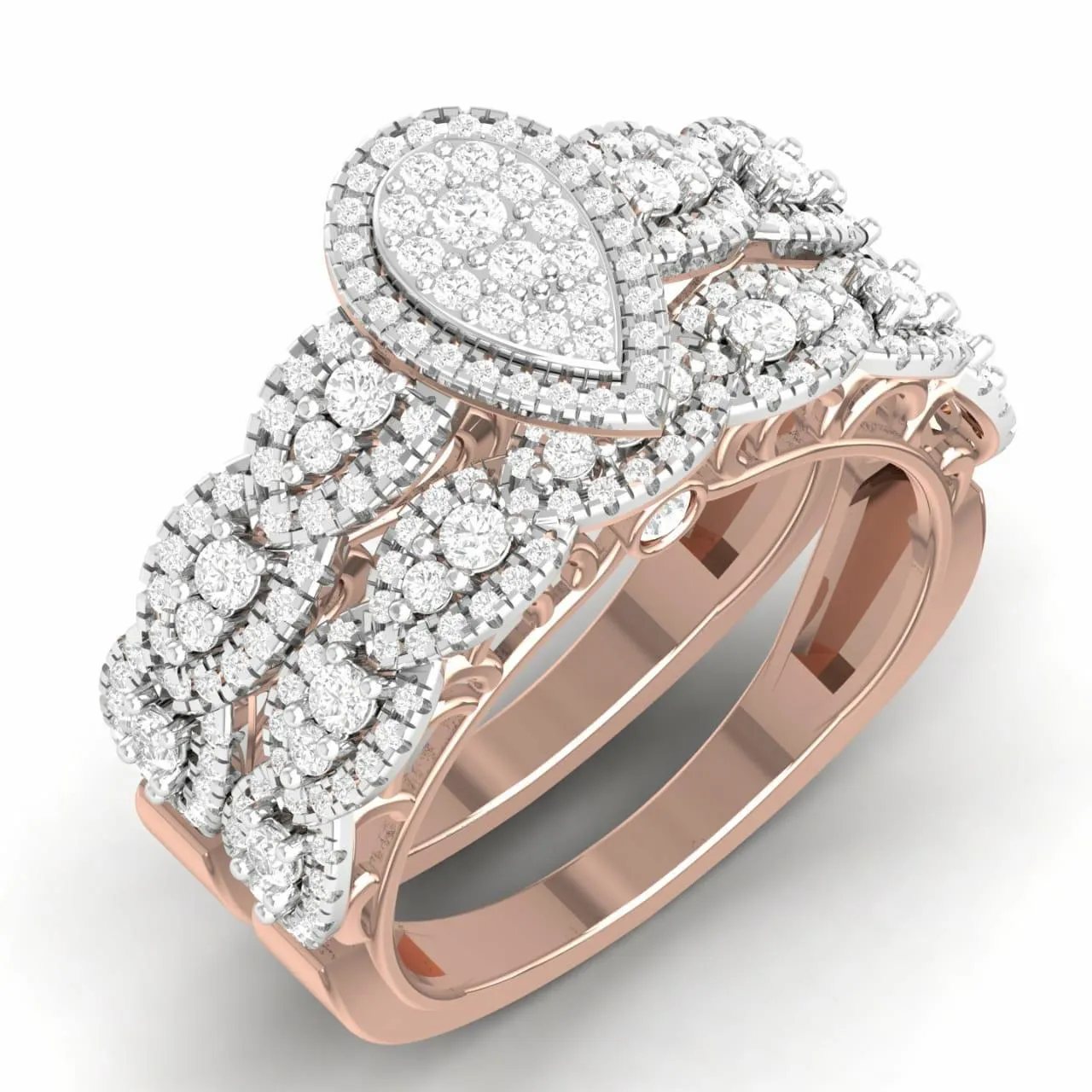 Ruby Pear Cut Diamond Cluster Bride Set in 18K Gold