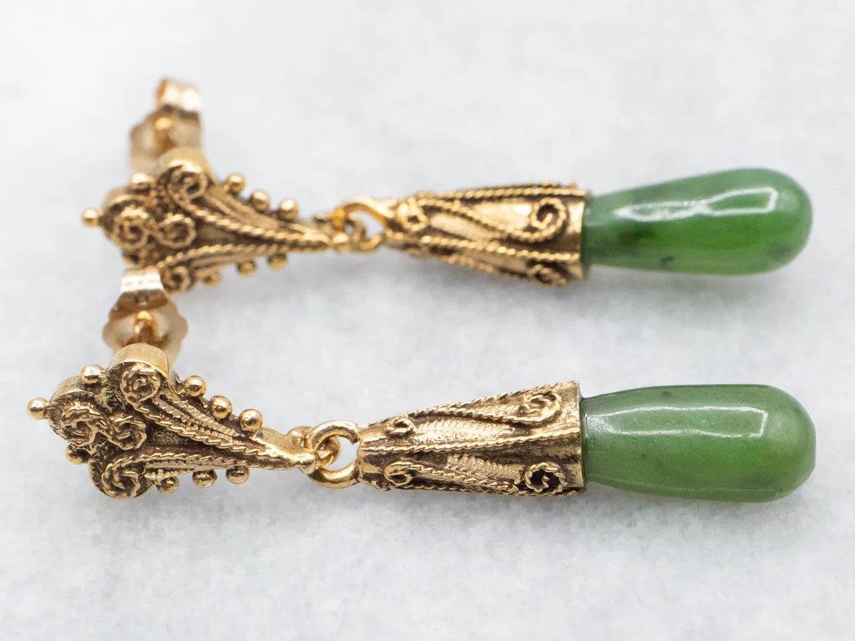 Scrolling Gold Nephrite Jade Drop Earrings