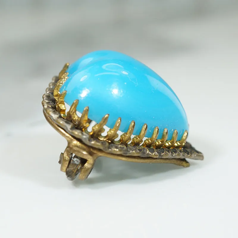 Sentimental Victorian Blue Glass Heart Brooch