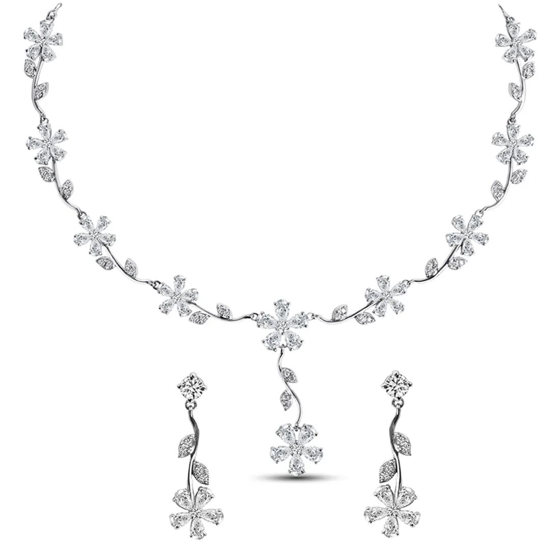 Silver Flower Necklace Jewellery Set