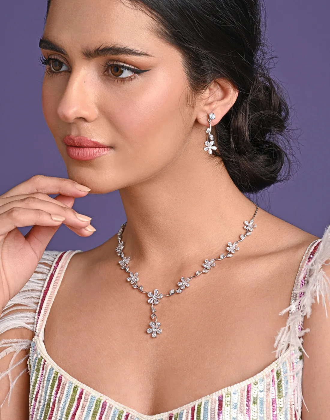 Silver Flower Necklace Jewellery Set