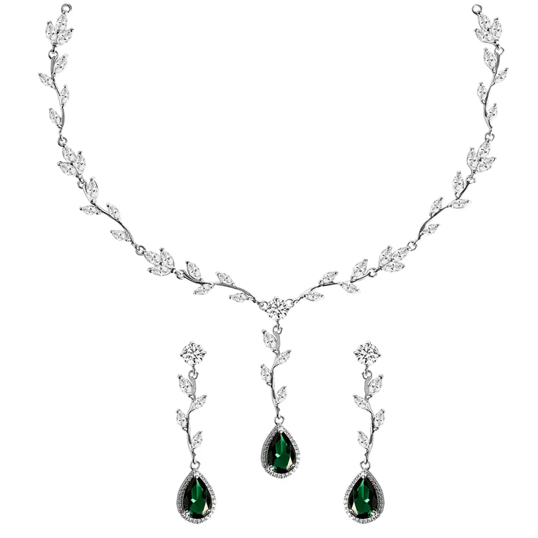 Silver Leafy Green Necklace Jewellery Set