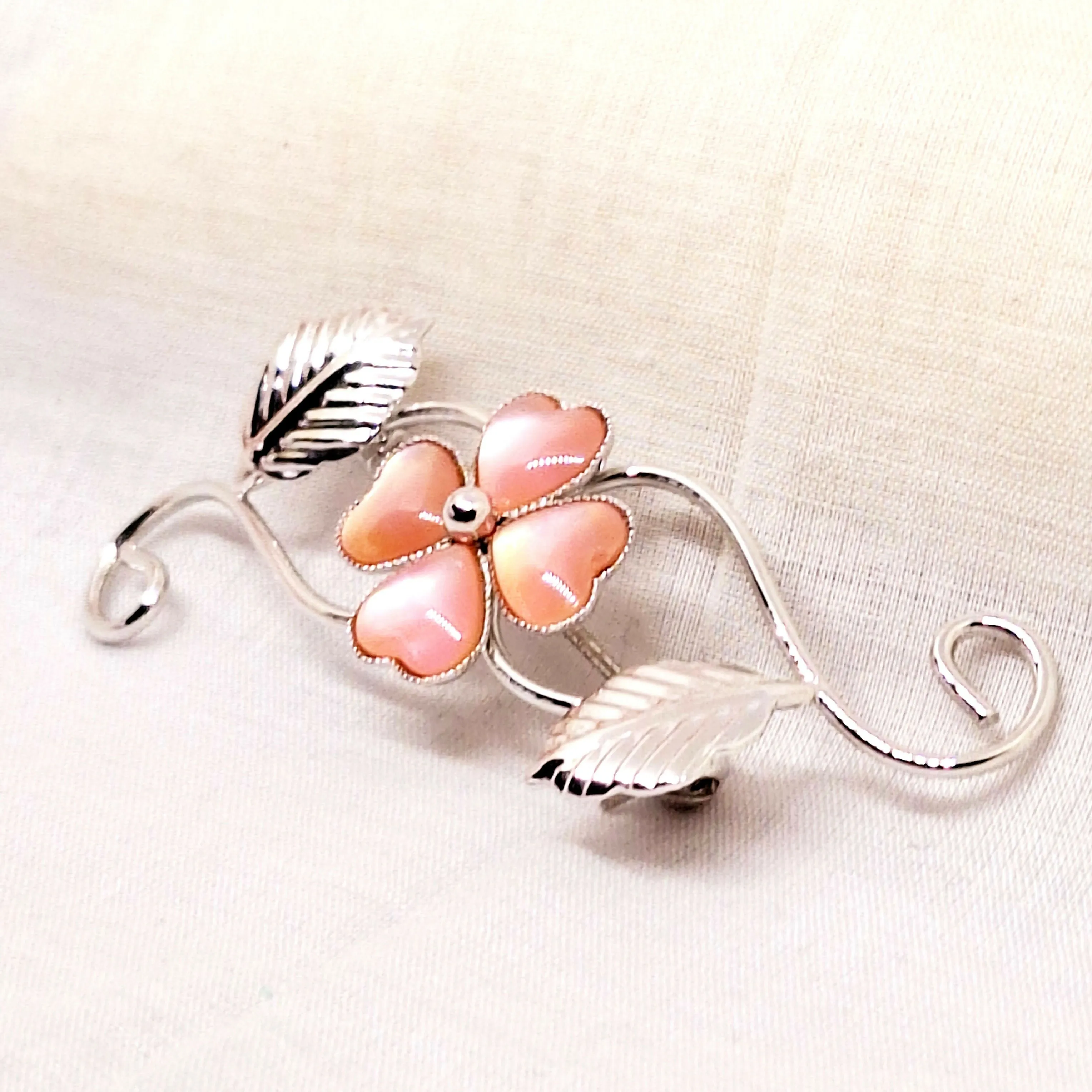 Silver Tone Pink Floral Brooch