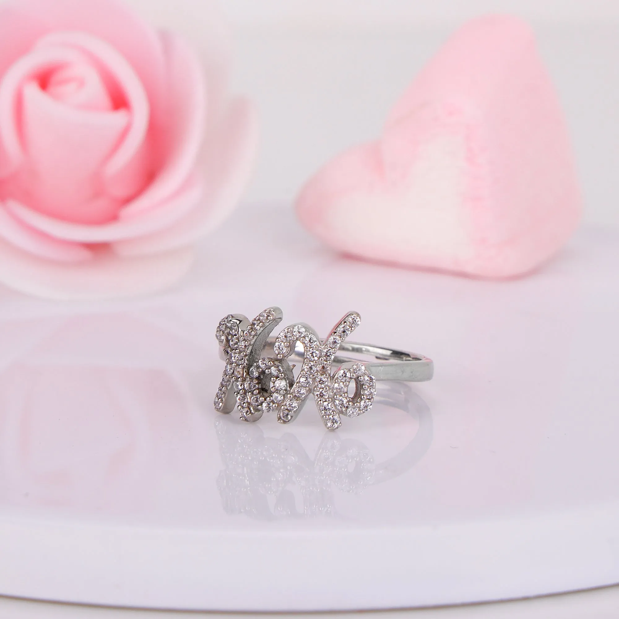 Silver Zircon Studded Hugs and Kisses Rings
