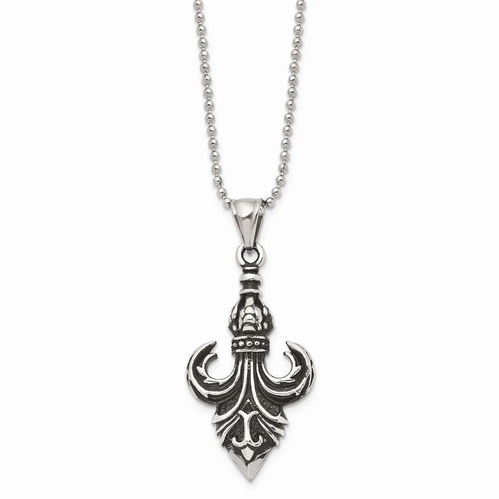 Stainless Steel Antiqued & Polished Fleur de lis Necklace