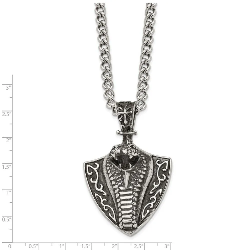 Stainless Steel Antiqued Snake on Shield 30in Necklace