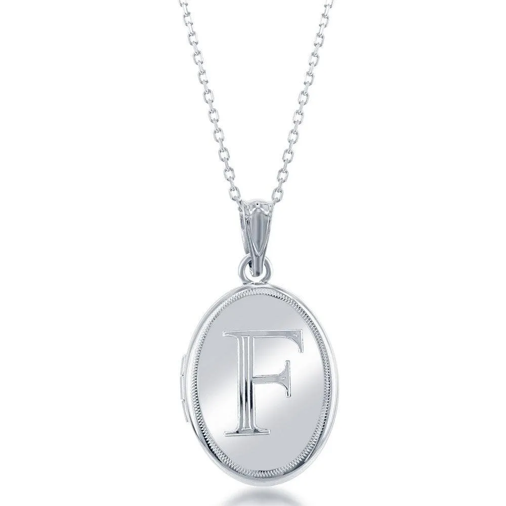 Sterling Silver Center F Initial Oval Locket Chain