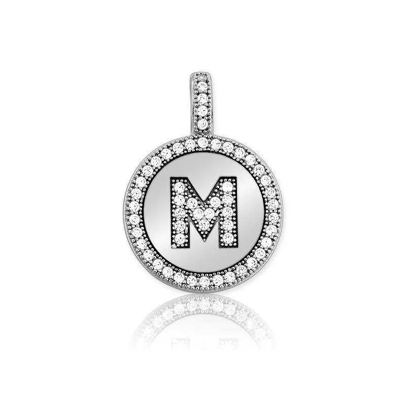 Sterling Silver Micro Pave Circle "M" Pendant with Chain