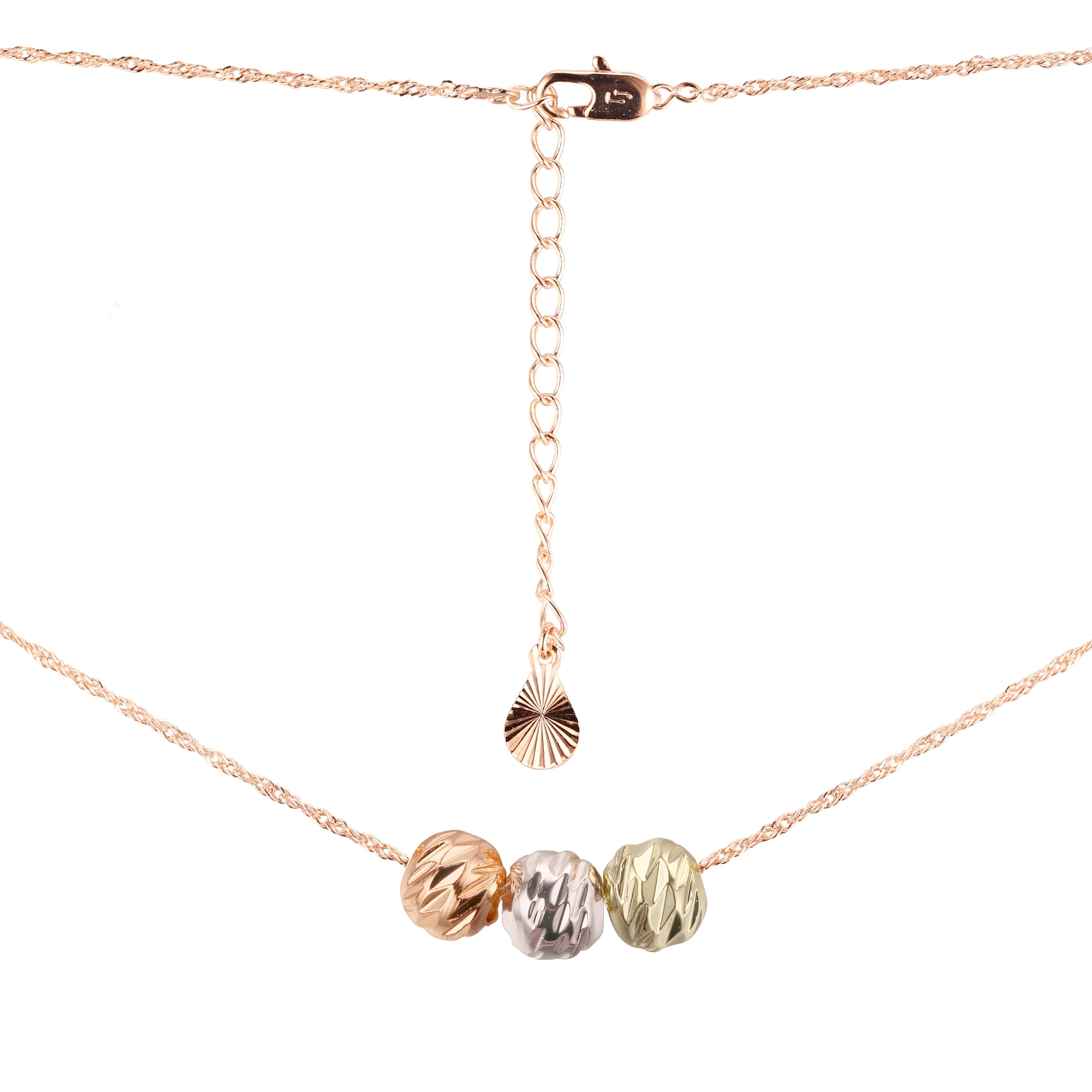 Three beads necklaces plated in White Gold, 14K Gold, Rose Gold, three tone