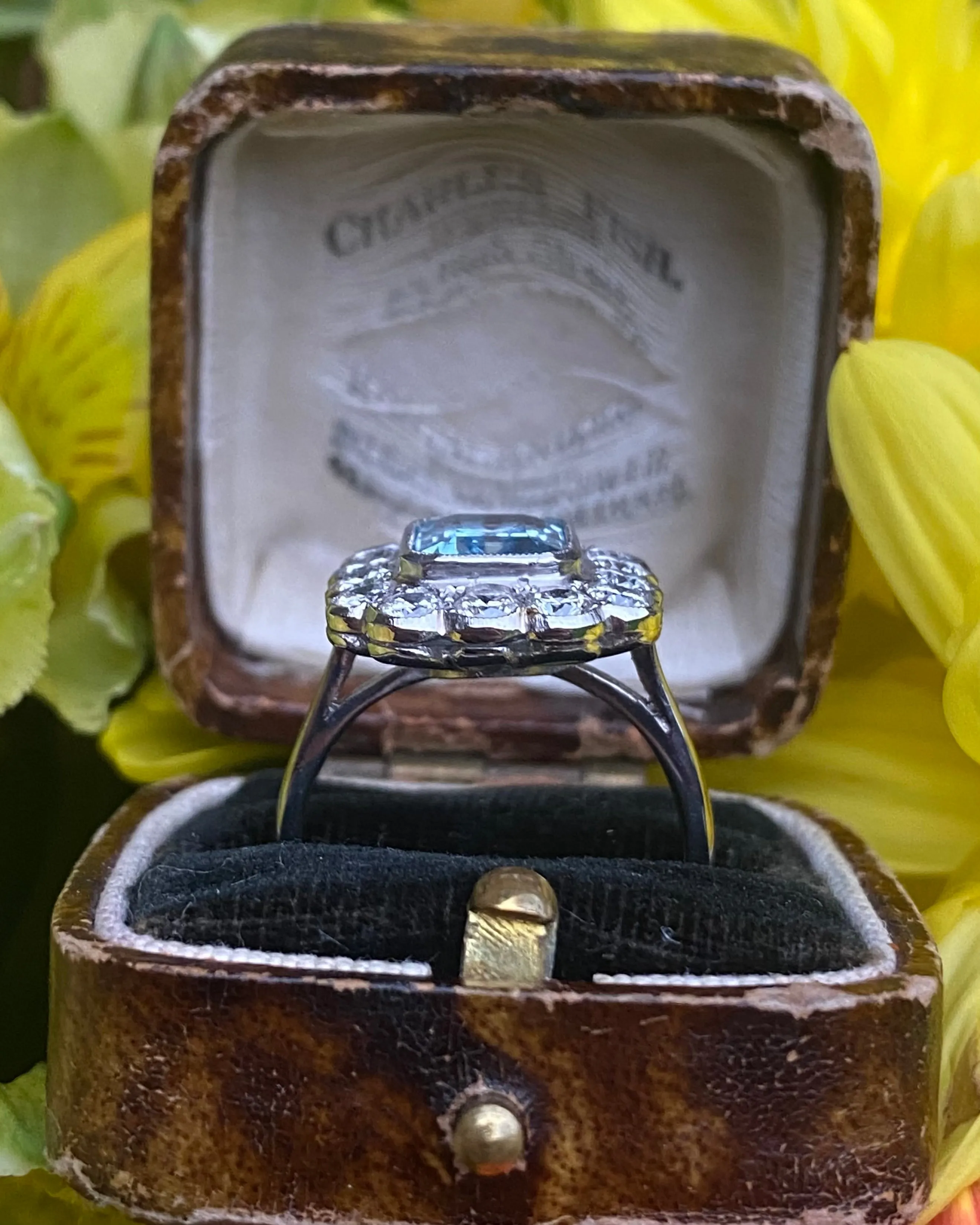 Victorian Aquamarine and Diamond Cluster Platinum Ring 1.40ct   2.10ct
