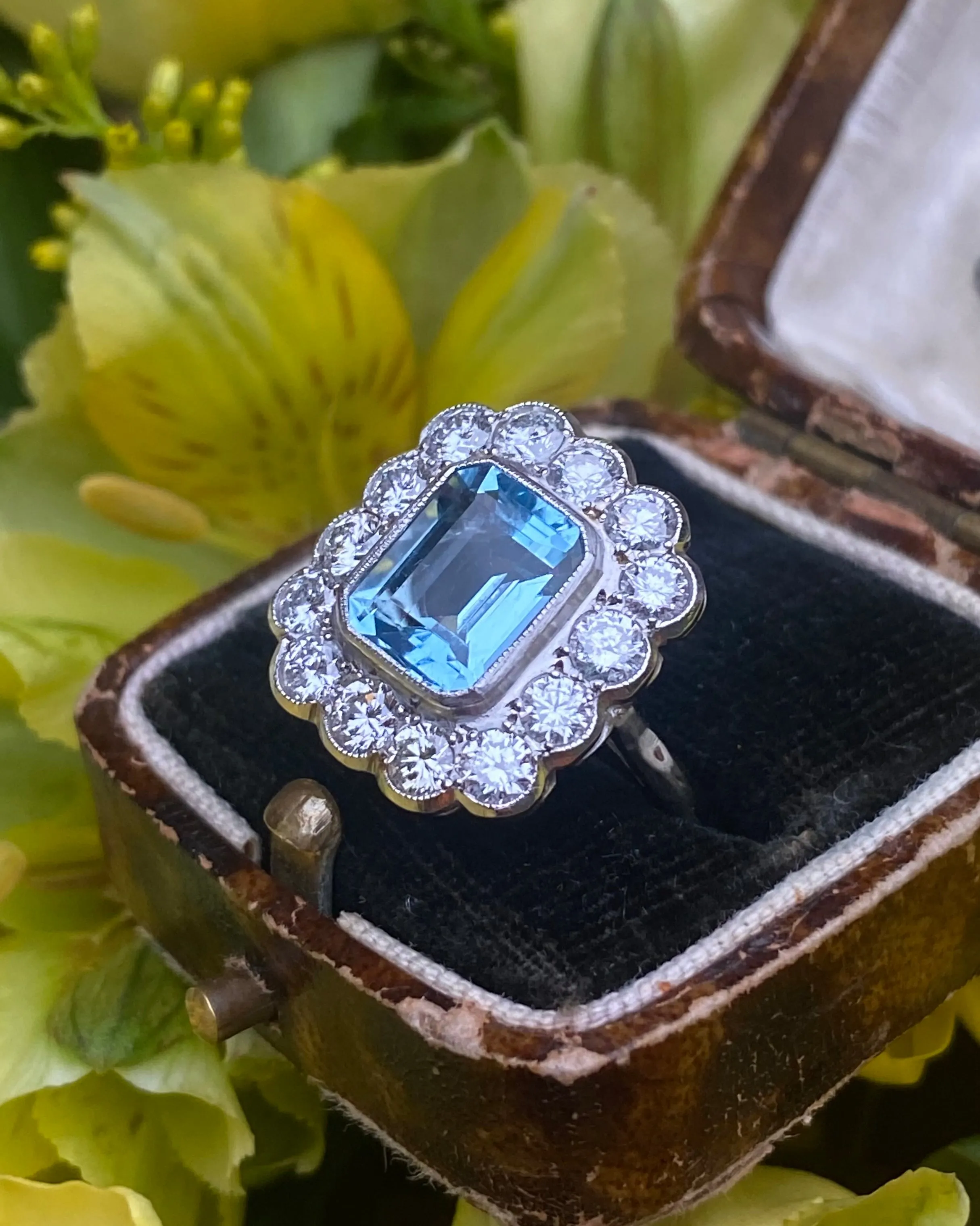 Victorian Aquamarine and Diamond Cluster Platinum Ring 1.40ct   2.10ct